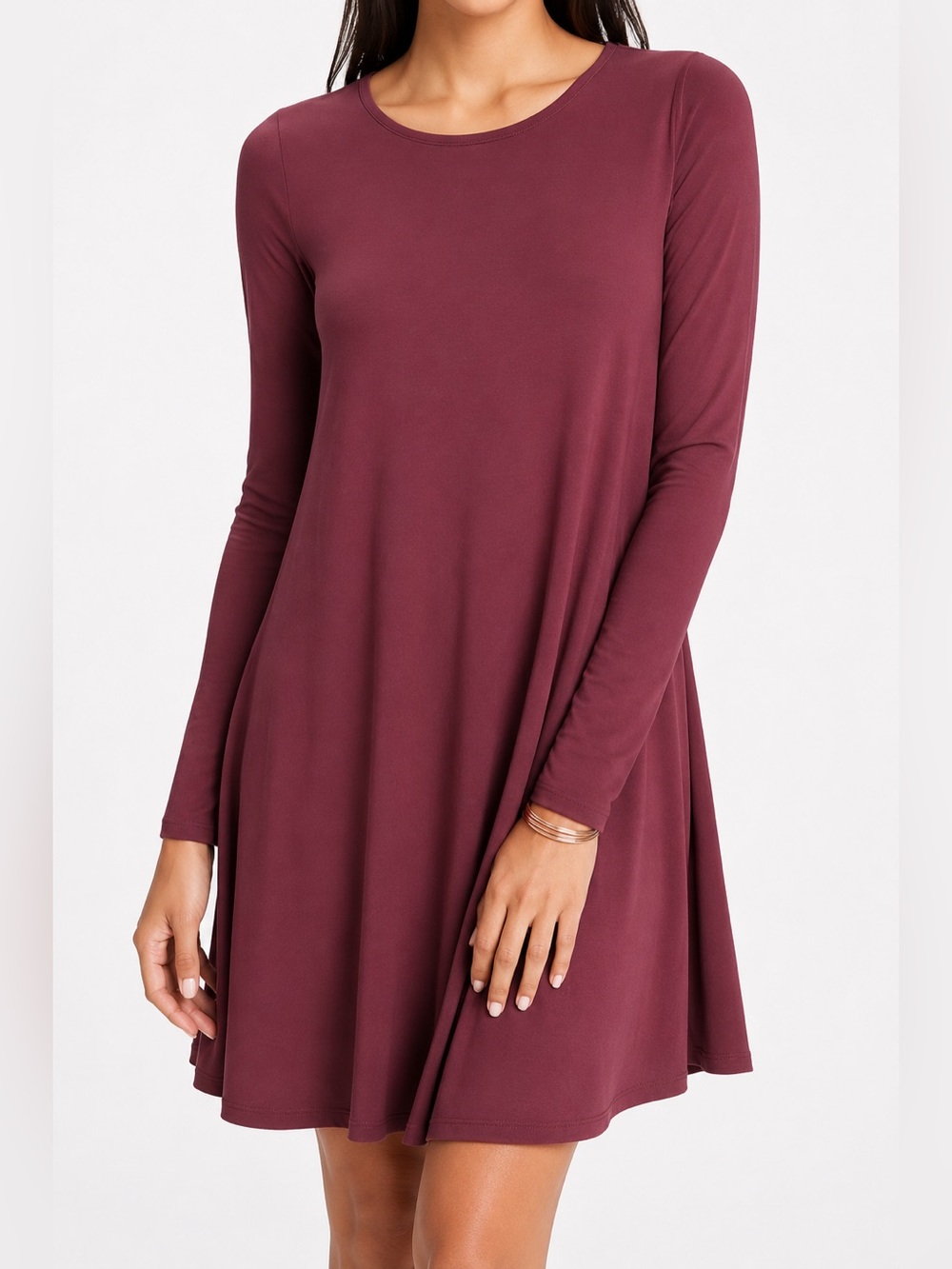 Burgundy Wine Long Sleeve Swing Dress | Flowy A-Line Casual Dress